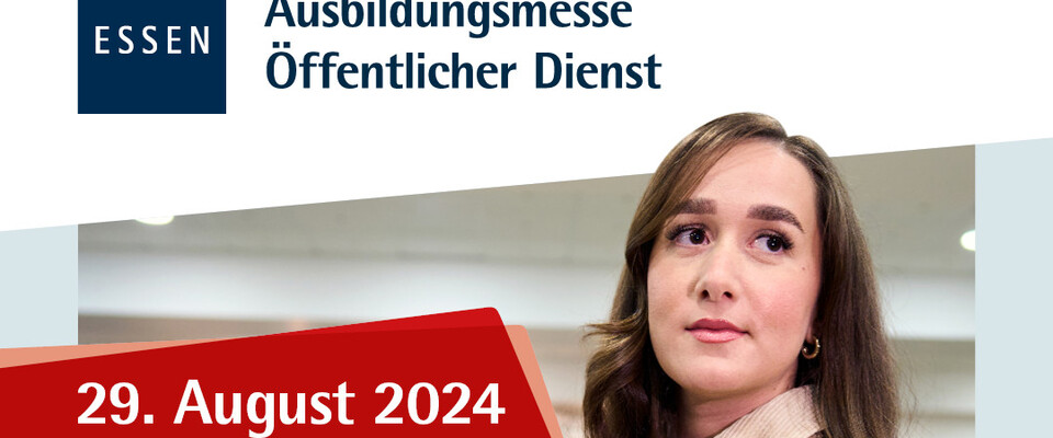 Werbeflyer zur Ausbildungsmesse des öffentlichen Dienstes am 29.08.2024 von 14 bis 18 Uhr im Rathaus der Stadt Essen