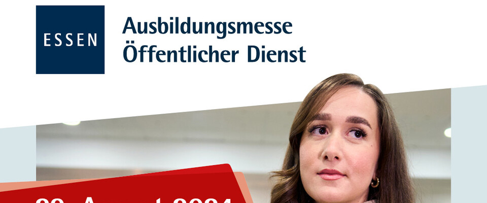 Werbeflyer zur Ausbildungsmesse des öffentlichen Dienstes am 29.08.2024 von 14 bis 18 Uhr im Rathaus der Stadt Essen