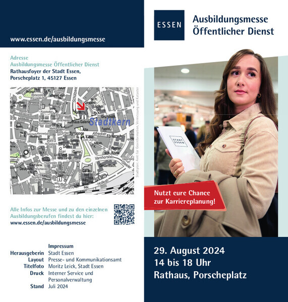 Werbeflyer zur Ausbildungsmesse des öffentlichen Dienstes am 29.08.2024 von 14 bis 18 Uhr im Rathaus der Stadt Essen