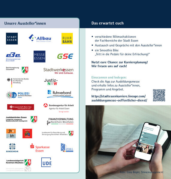 Werbeflyer zur Ausbildungsmesse des öffentlichen Dienstes am 29.08.2024 von 14 bis 18 Uhr im Rathaus der Stadt Essen