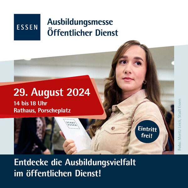 Werbeflyer zur Ausbildungsmesse des öffentlichen Dienstes am 29.08.2024 von 14 bis 18 Uhr im Rathaus der Stadt Essen